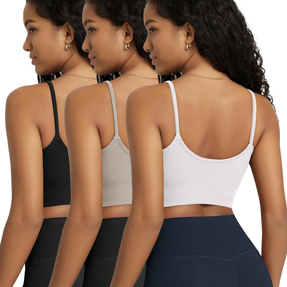 ODODOS Seamless Sports Bra for Women Ribbed Camisoles Non Padding Yoga Bra Crop Tank Tops | Amazon (US)