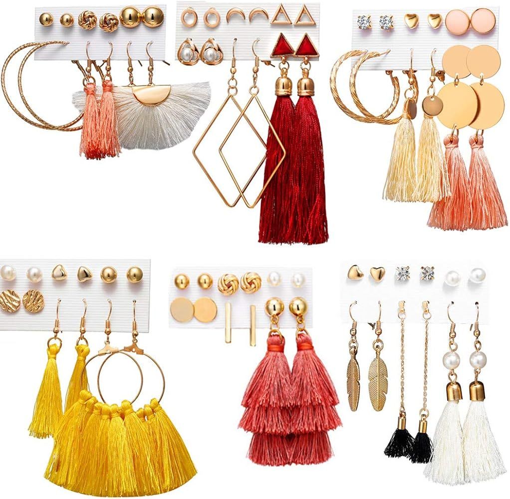 36 Pairs Colorful Tassel Earrings Long Layered Dangle Fringe Earring Hoop Drop Earrings Bohemian ... | Amazon (US)