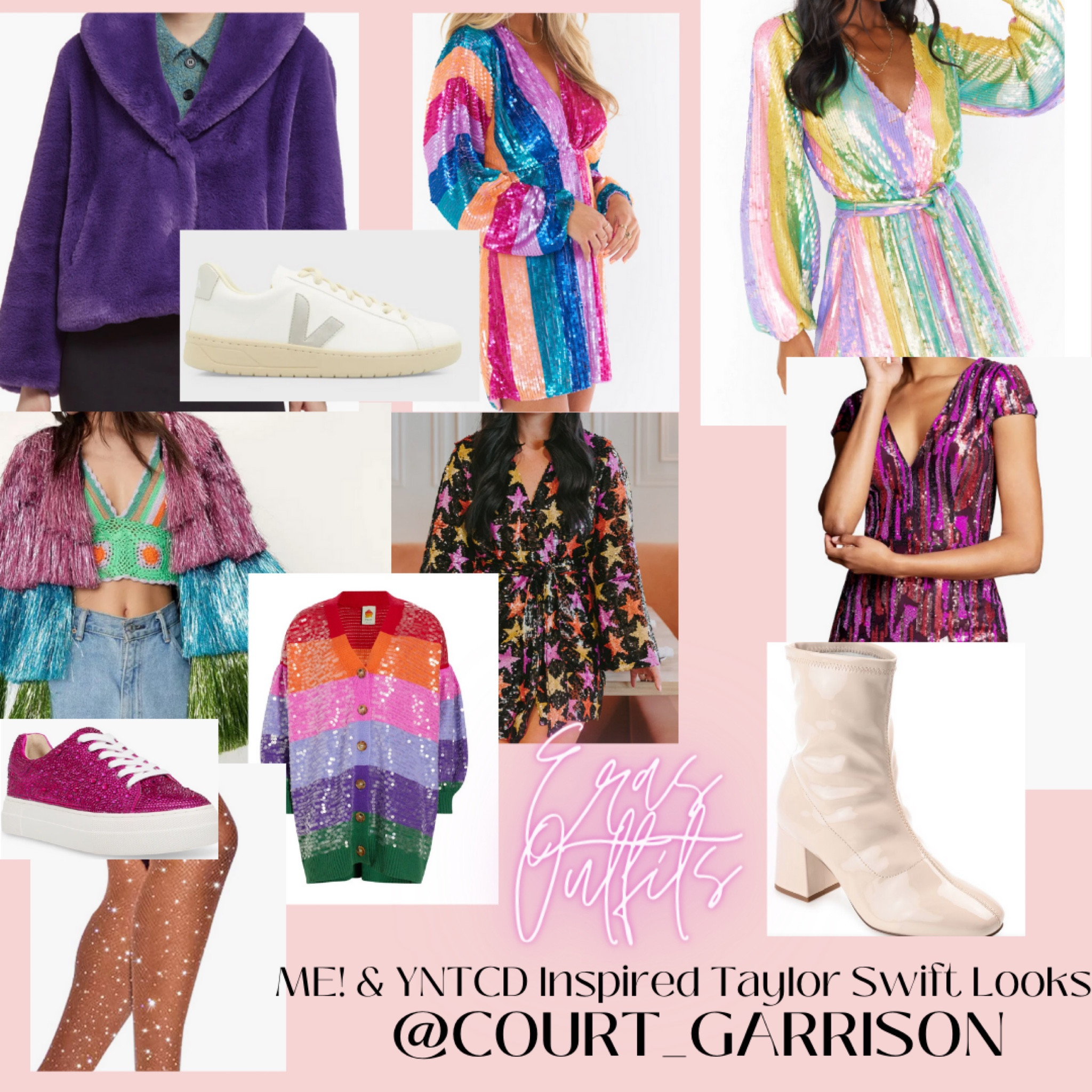 Taylor Swift Outfit Ideas: ME! Lover Era 💜🫶🏼💖 Included a faux fur, tinsel fringe jacket, a rainbow cardigan, rainbow sequin wrap dresses, & multiple Taylor Swift Concert looks!💜💜💜💜
.
.
Some pink sparkly sneakers and some white booties to choose from, I linked some sparkly tights too 💜🫶🏼
.
.
.
#erastour #Rep #Reputation #nashvilleoutfit #countryconcert #dresses #vacationoutfit #taylorswift #sequin 
#swifties #sparkletights #lavenderhaze #lavender #midnights #lover 
#youneedtocalmdown #rainbow #colorfulsparkles 

#LTKFestival #LTKstyletip #LTKFind