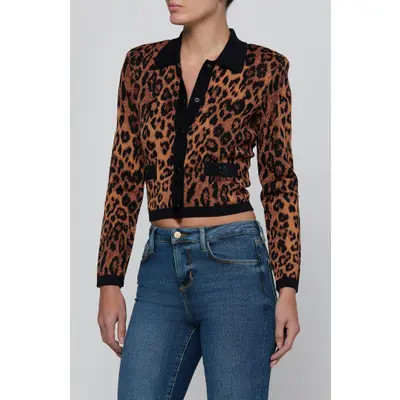 L'AGENCE Osiris Jacquard Knit Jacket in Tan Mountain Western Toile at Nordstrom, Size Medium | Nordstrom