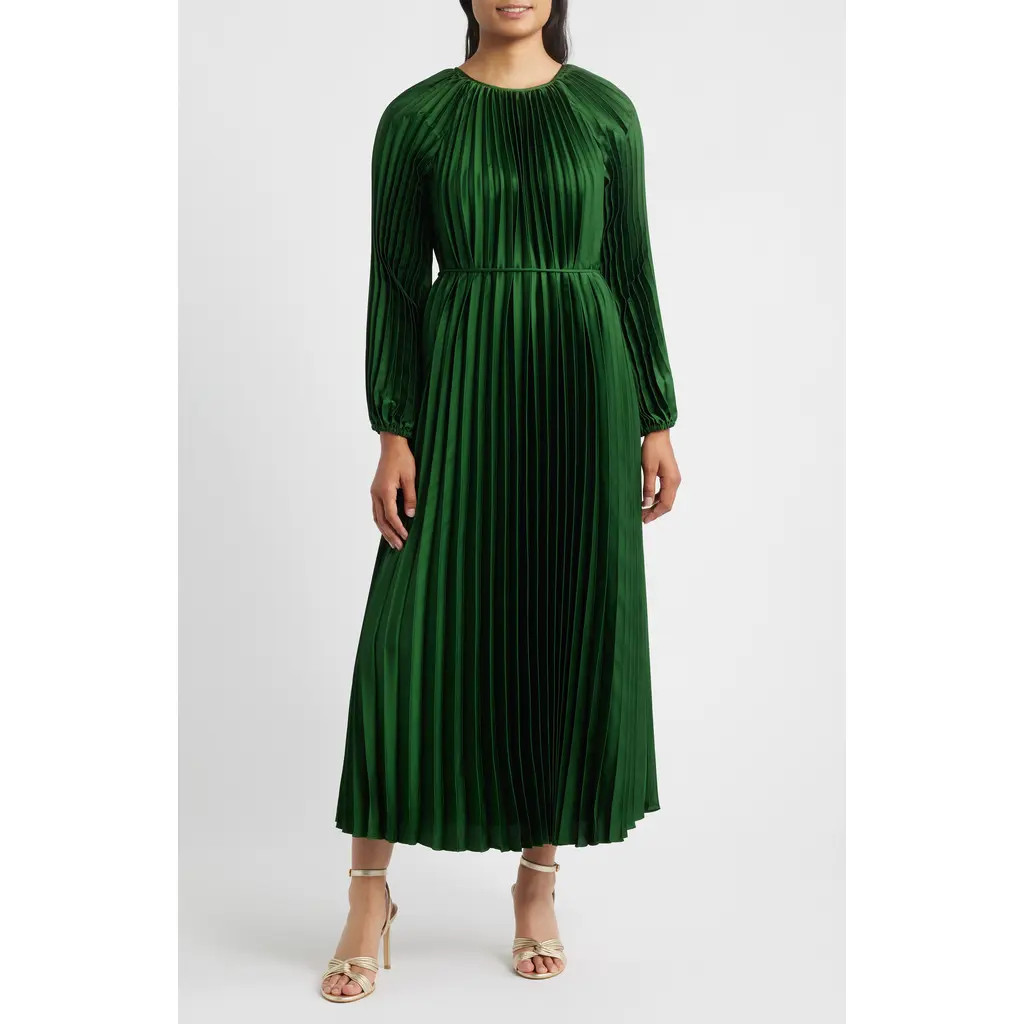 Julia Jordan Pleated Long Sleeve Satin Midi Dress in Green at Nordstrom, Size 8 | Nordstrom