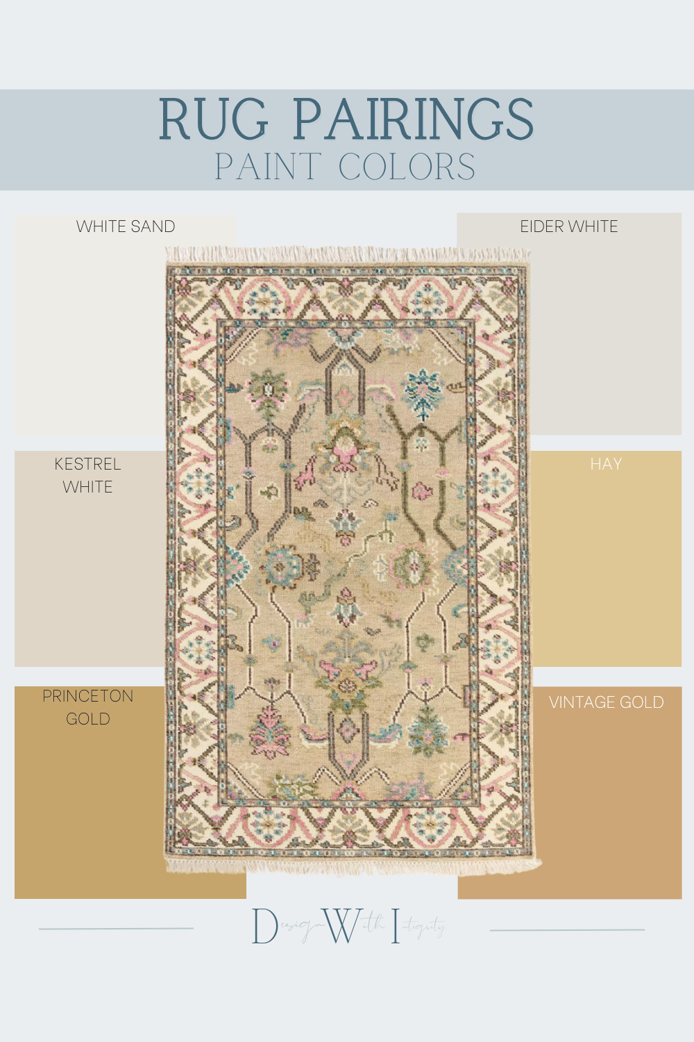 This vintage inspired area rug features a warm beige foundation layered with soft pink, muted teal, and antique gold accents for a timeless, collected look. The intricate border and geometric floral motifs create visual texture while maintaining balanced symmetry and pattern harmony. White Sand and Eider White brighten the palette and allow the detailed design to breathe, while Kestrel White adds gentle warmth that complements the rug’s creamy undertones. Hay enhances the golden notes, and Princeton Gold and Vintage Gold deepen the palette with rich, earthy contrast. This rug and paint color pairing delivers refined color balance and effortless cohesion for layered interiors. Shop the curated pairing to bring this elevated warmth into your space.

#interiordesign
#vintagerug
#neutralhome
#paintpalette
#layeredinteriors 

 #LTKHome