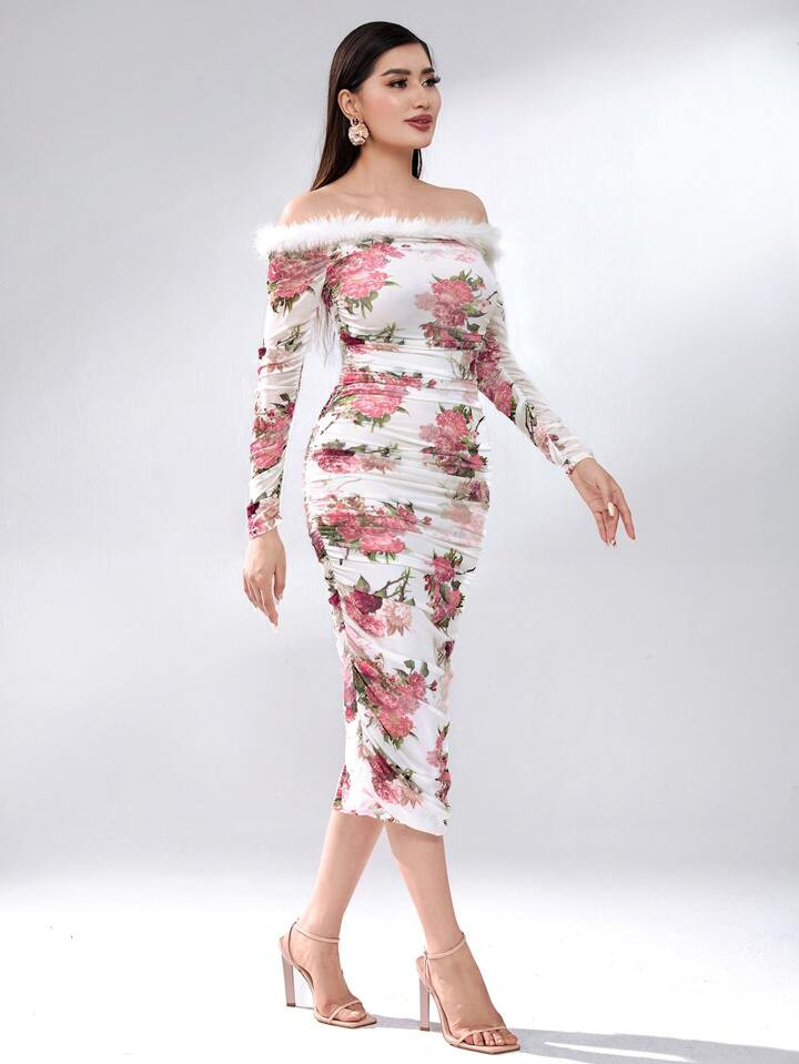 SHEIN Modely Floral Print Off Shoulder Fuzzy Trim Ruched Mesh Bodycon Dress | SHEIN