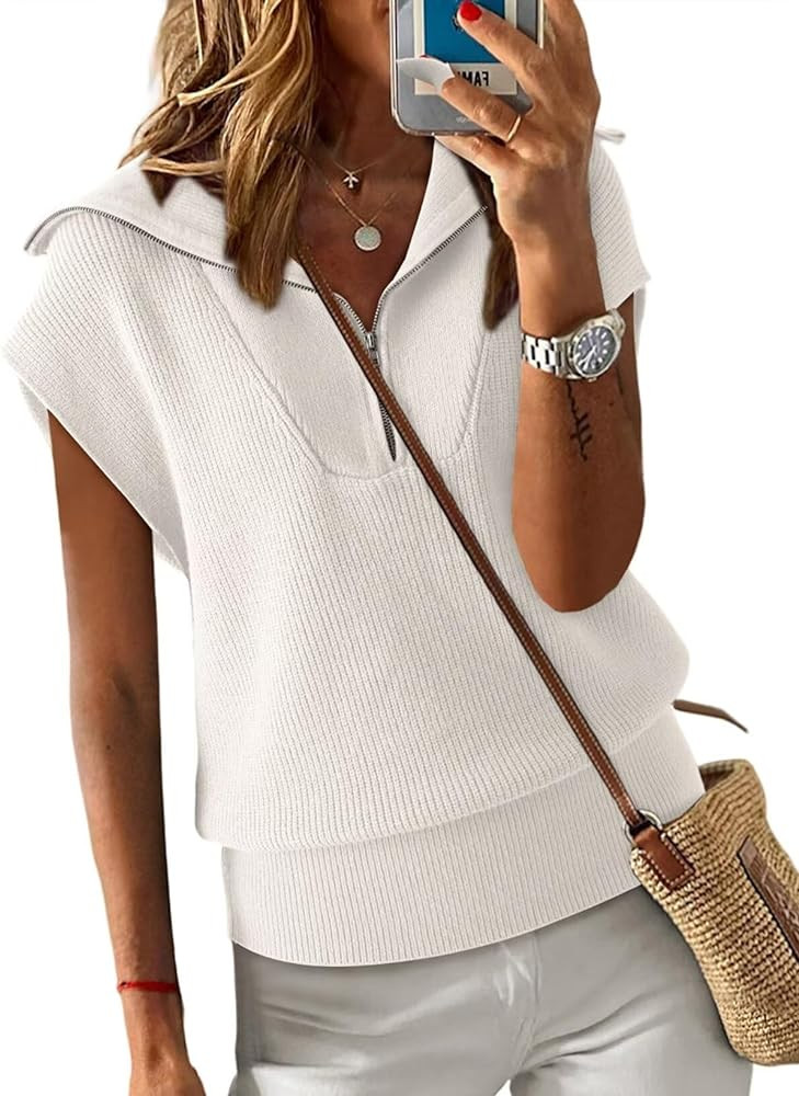 Dokotoo Women's Casual Sleeveless Half Zip Pullover Sweaters Solid V Neck Collar Ribbed Knitted L... | Amazon (US)