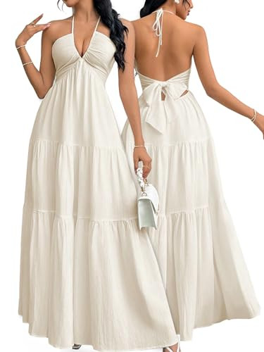 Narecte Women's Maxi Summer Dresses Halter V Neck Beach Dresses for Women A-Line Casual Dress for Vacation Beige S | Amazon (US)