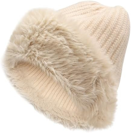 ZLYC Winter Faux Fur Slouchy Beanie Hat for Women Warm Knit Stretch Cuffed Skull Cap | Amazon (US)