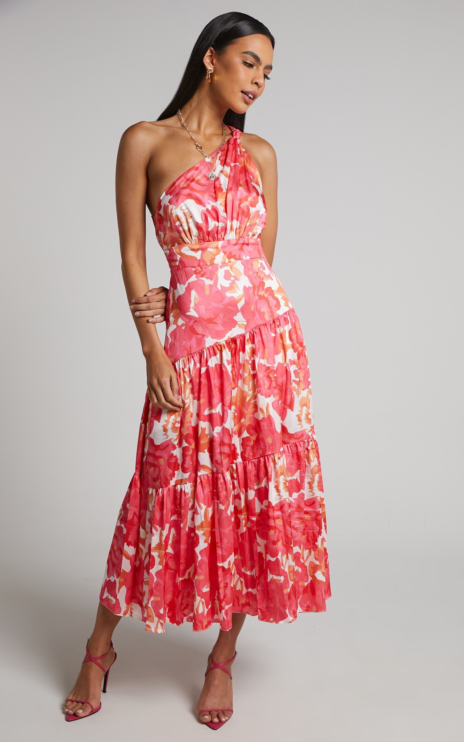 Georgine Midi Dress - One Shoulder Ruched Tiered Dress in Peony Blossom | Showpo (US, UK & Europe)