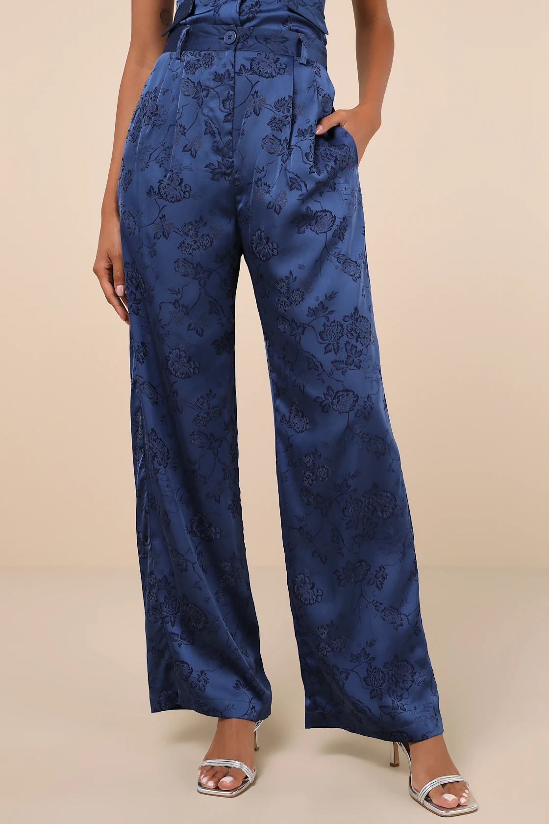 Sleek Refinement Navy Satin Jacquard High-Rise Trouser Pants | Lulus