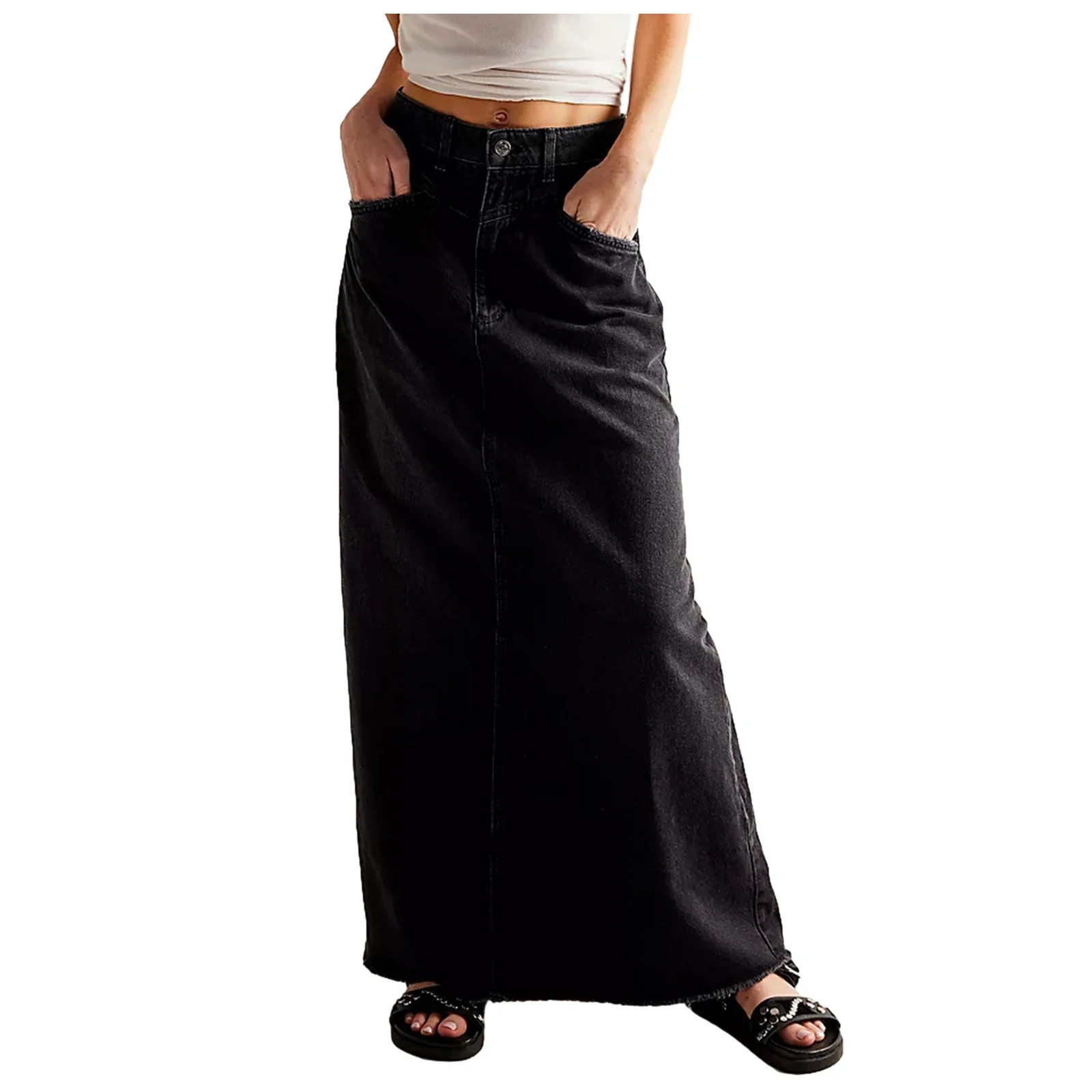Bjutir Cute Skirt For Women Vintage Denim Maxi Skirt Hem High Waist A Line Long Jean Skirt Black ... | Walmart (CA)