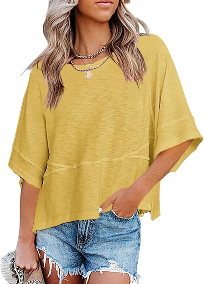 Womens Fashion T-Shirt Crewneck 3/4 Sleeves Solid Color Loose Basic Tops Summer Casual Tees Blous... | Amazon (US)