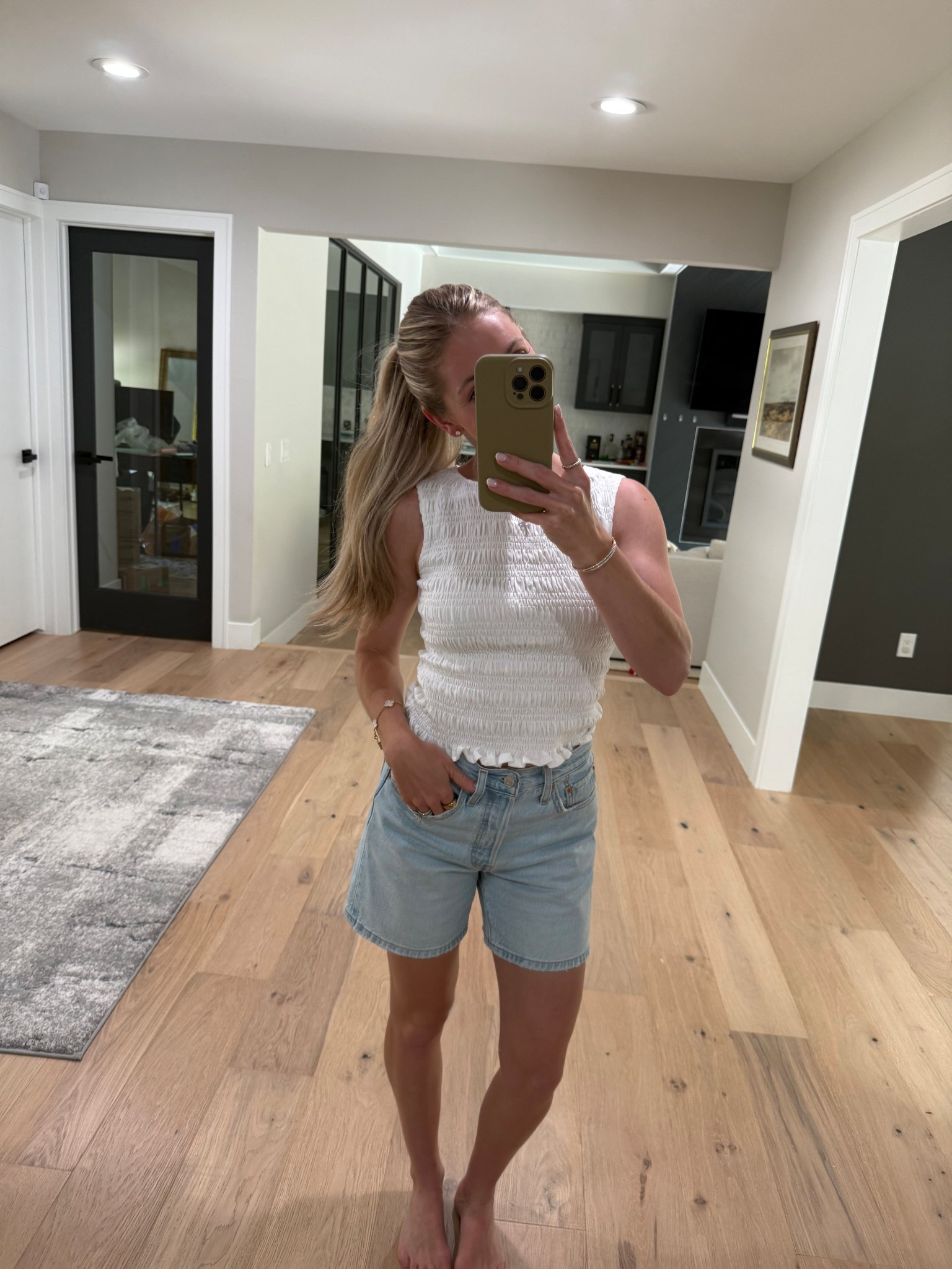 White smocked top size small
Jean shorts sized up 27

#LTKFamily #LTKSummerEdit #LTKSeasonal