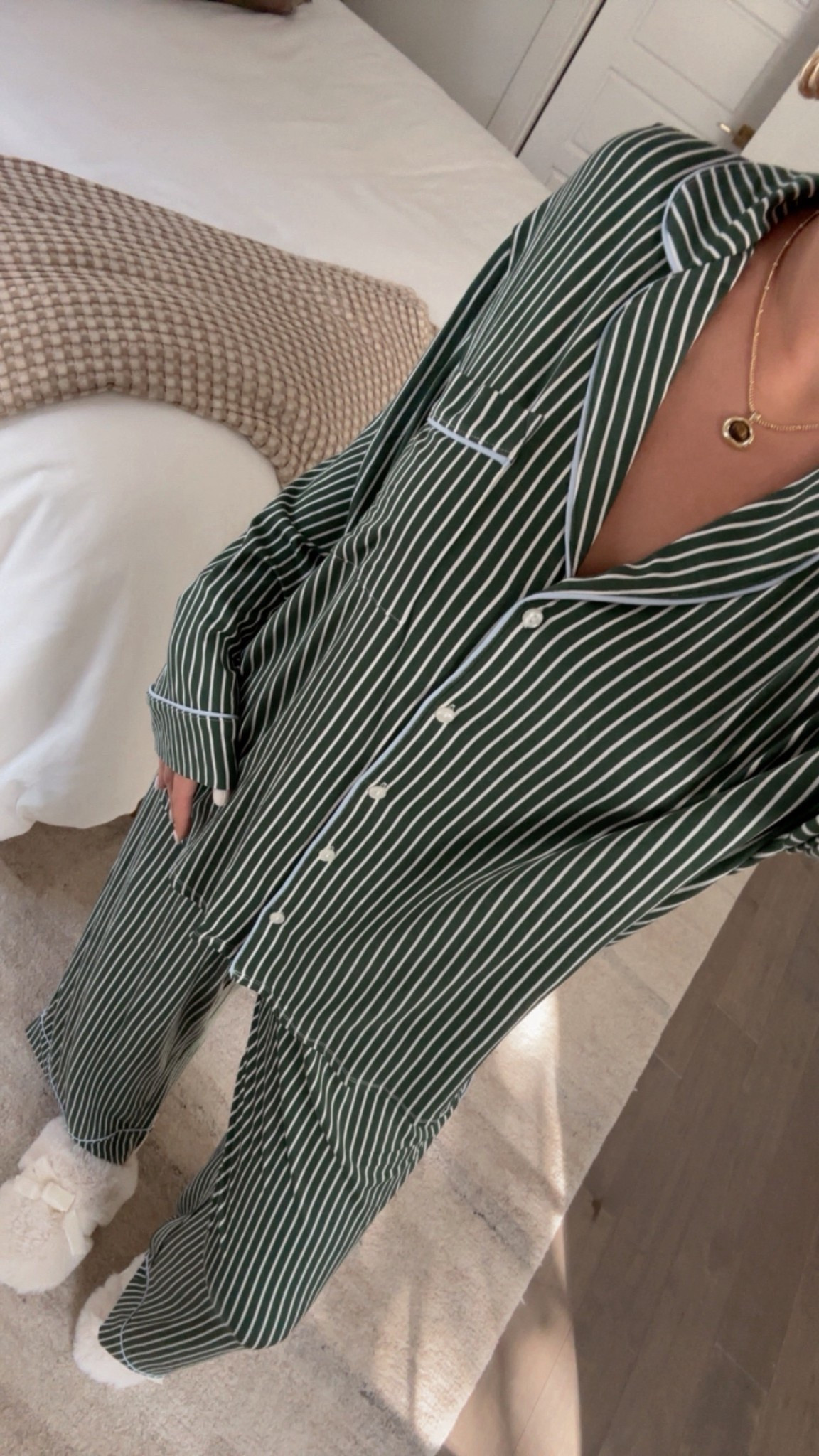 Aerie pjs 🌲🤍 I’m wearing a large in both and they are a little big! I would get your true size or even size down 1 if you don’t want them too lose. They are super stretchy and comfy! 

#LTKHome #LTKGiftGuide #LTKHoliday