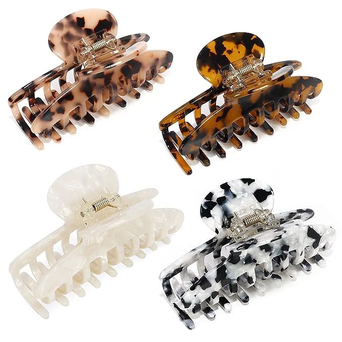 4 Pack Large Hair Clips, Acrylic Strong Holder Claw Clips Thick Hair, Banana Tortoise No-Slip Leo... | Amazon (US)