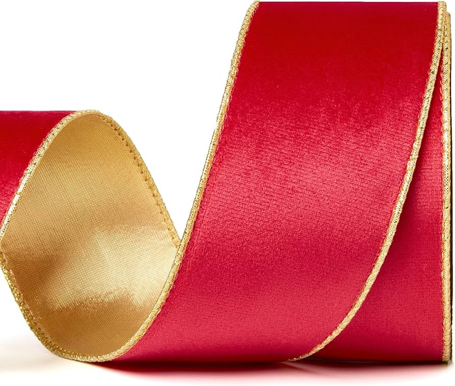 Red Velvet Ribbon 2.5" x 10 Yards – Wired Velvet Ribbon with Gold-Trimmed Edges for Gift Wrappi... | Amazon (US)