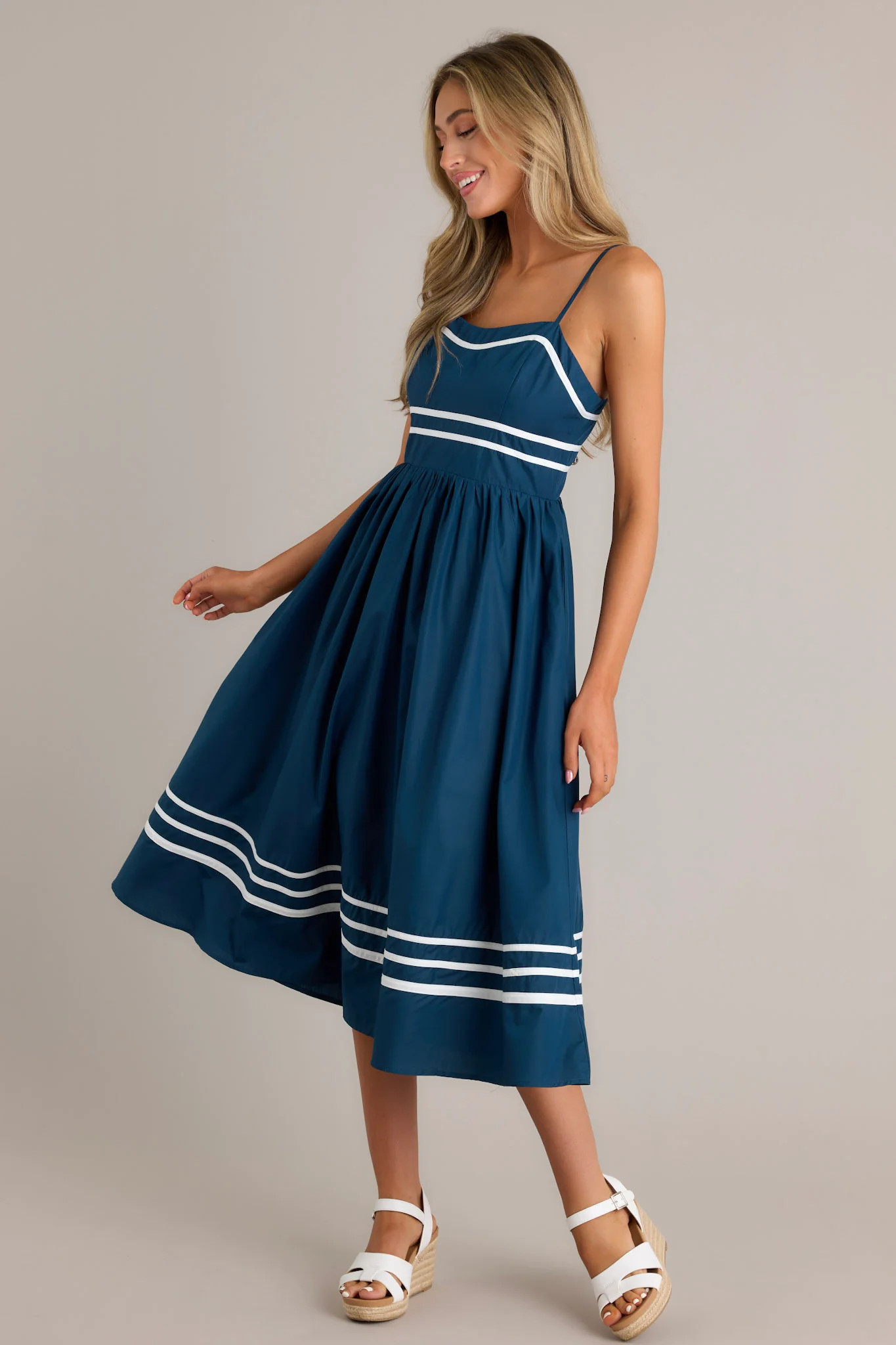 Maritime Majesty Navy Midi Dress | Red Dress