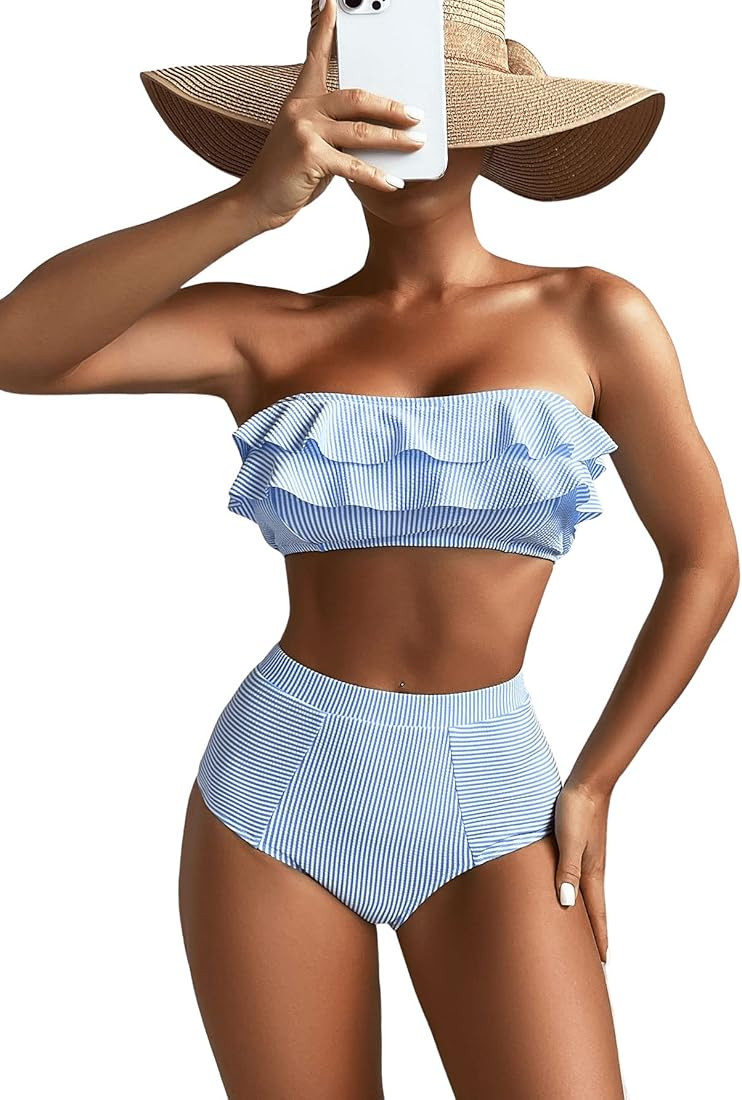 Floerns Women's Ruffle Trim Bandeau High Waist Striped Print 2 Piece Bikini Set | Amazon (US)