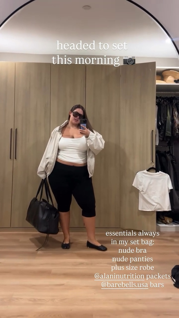 headed to set
 this morning 📷 essentials always 
in my set bag: 
nude bra 
nude panties 
plus size robe 
@alaninutrition packets 
@barebells.usa bars

#LTKSeasonal #LTKStyleTip #LTKPlusSize
