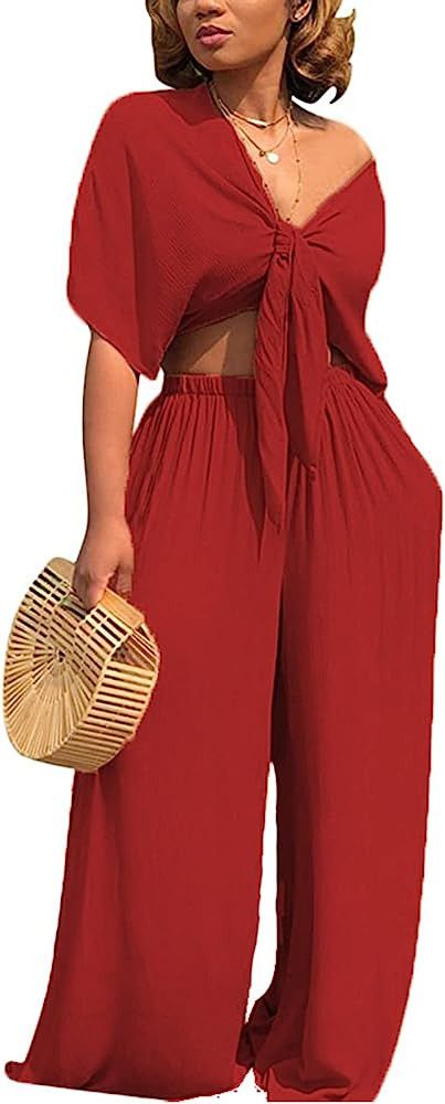 Hount Womens 2 Piece Outfits Deep V Neck Tied Front Crop Tops Wide Leg Pant Sets Jumpsuit Rompers... | Amazon (US)