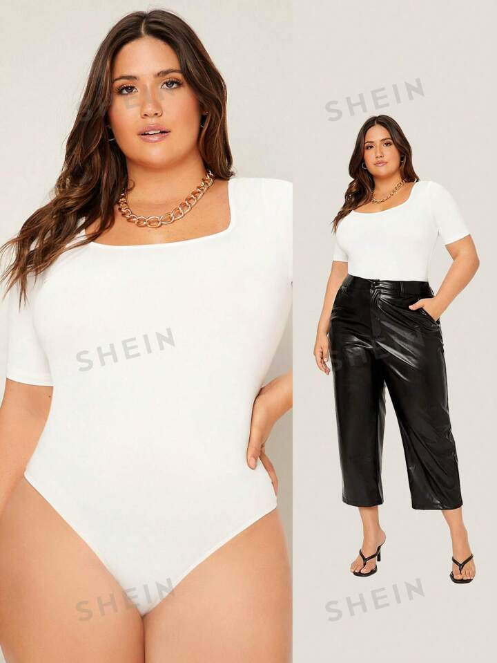 SHEIN BASICS Plus Solid Scoop Neck Bodysuit | SHEIN