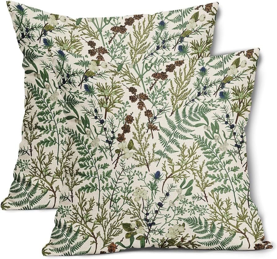 Green Plant Pillow Covers 18X18 Inch Sage Green Botanical Fern Leaf Decorative Pillow Cases Sprin... | Amazon (US)
