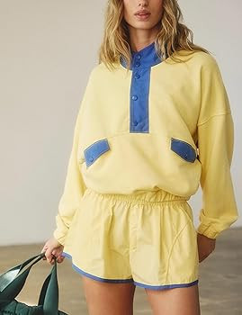 Quarter Button Sweatsuits Women Oversized Color Block Sweatshirts Sets Shorts Tracksuits 2025 Cas... | Amazon (US)