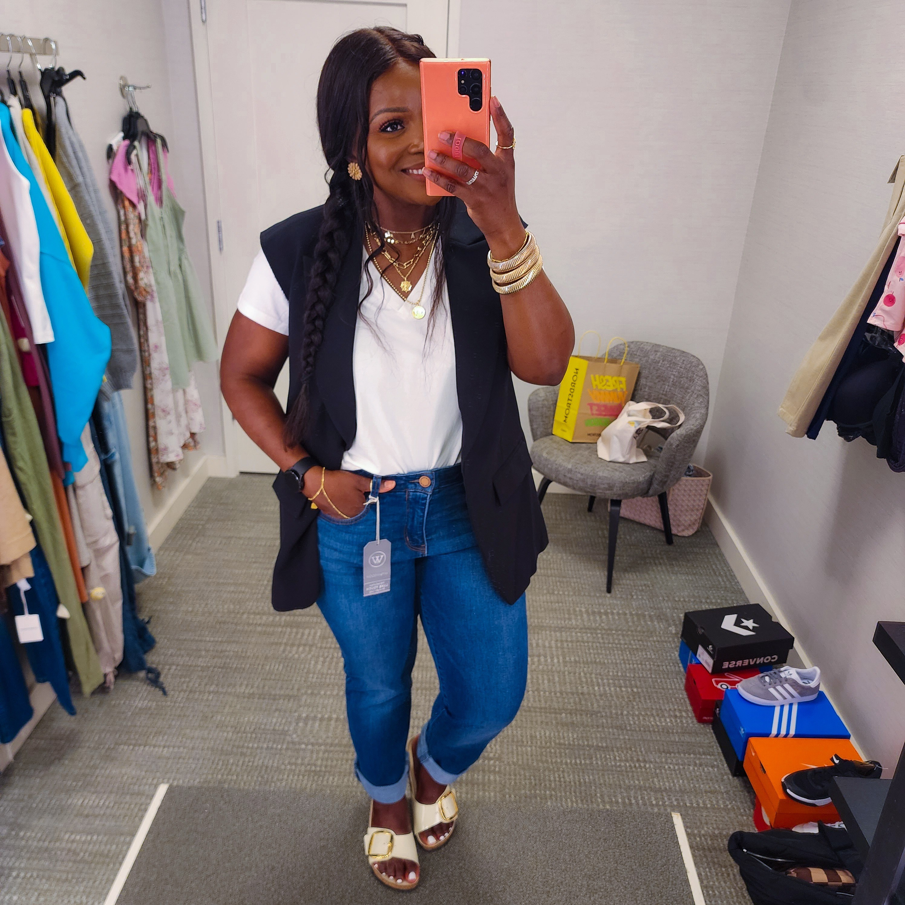 Dressy casual look from the Nsale // wearing medium in top and vest // wearing size 10 in jeans

