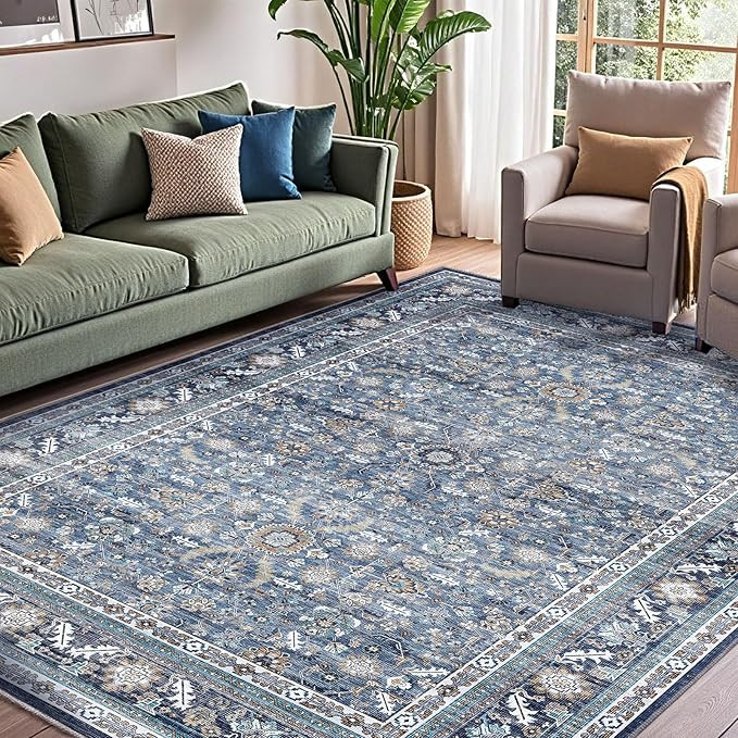 OPPODREAM Vintage Blue Area Rugs 8x10, 8 x 10 Retro Washable Rug Non Slip, Low-Pile Faux Wool Car... | Amazon (US)