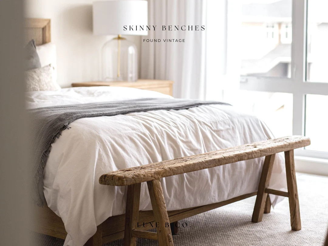 Skinny Bench Bed Vintage Long Bedroom Foot of Bed King Size Wooden Old Elm Wood Antique Furniture... | Etsy (US)