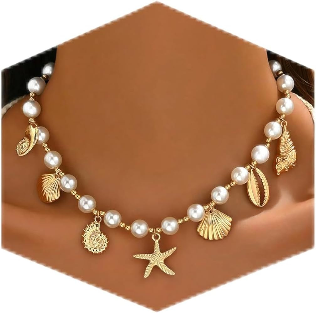 Shell Starfish Necklace for Women, 14k Gold Plated Boho Layered Beaded Charm Pendant Necklace, Da... | Amazon (US)