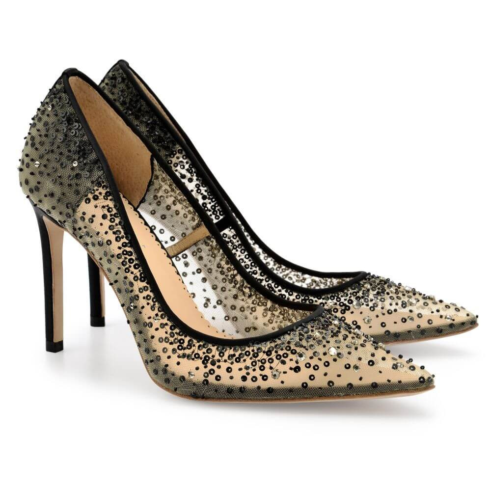 Crystal Embellished Heels with Black Sequin on Nude Mesh | Bella Belle Shoes