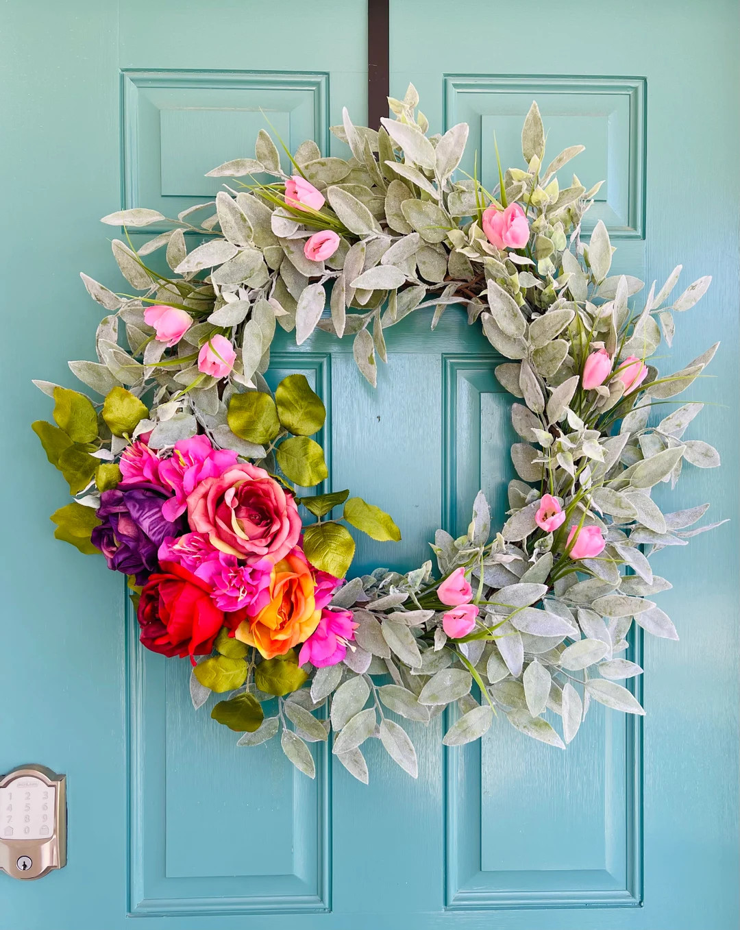Colorful floral Spring Wreath for Front Door, Frosted Eucalyptus and Roses, Tulips Wreath for Spr... | Etsy (US)