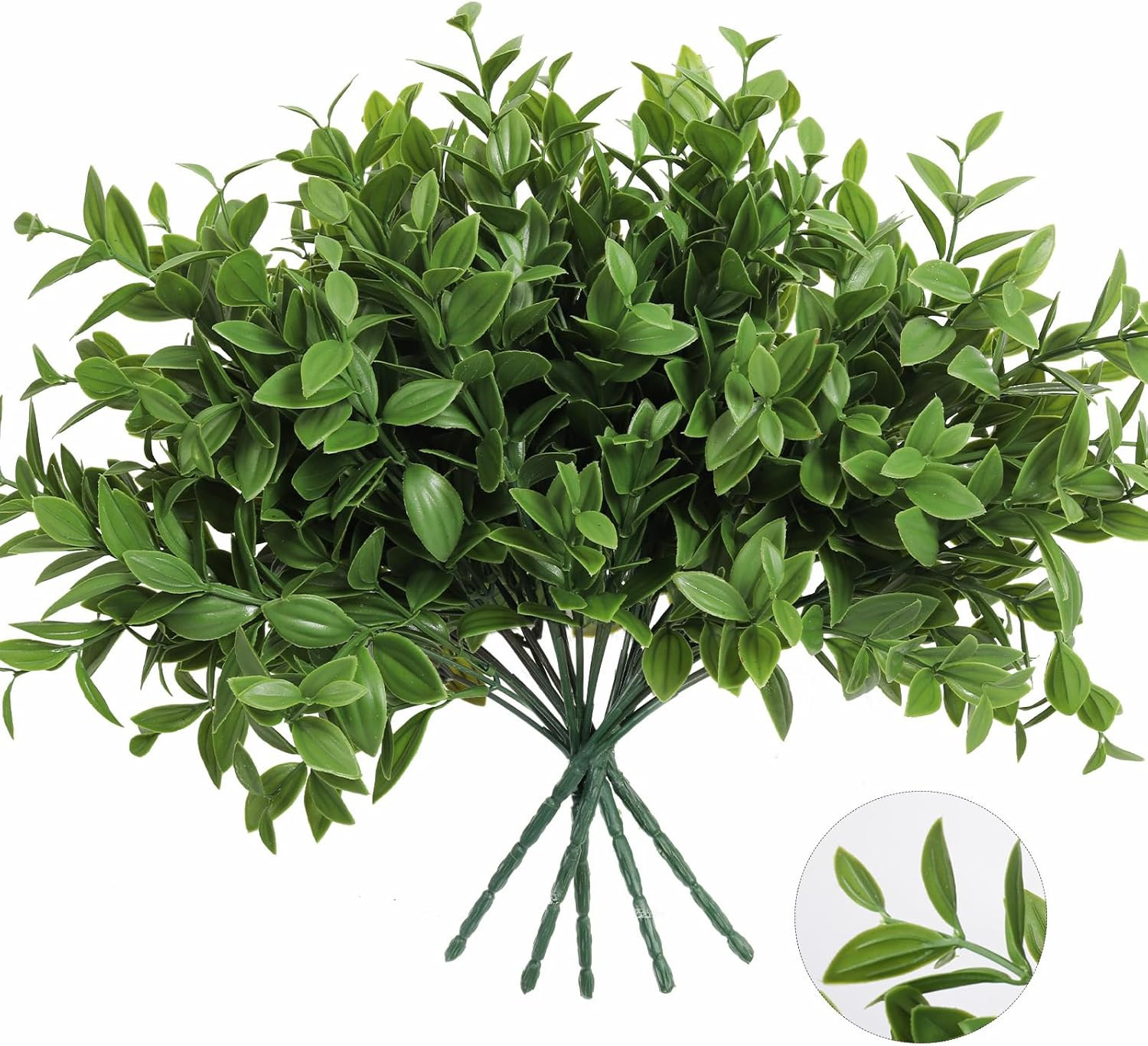 RECUTMS 6 Bundles Artificial Greenery Stems, 14.5" Fake Lucky Bamboo Leaves Faux Outdoor Plants UV Resistant Plastic Shrubs for Window Box Garden Patio Farmhouse Pathway Indoor Decorations Green | Amazon (US)