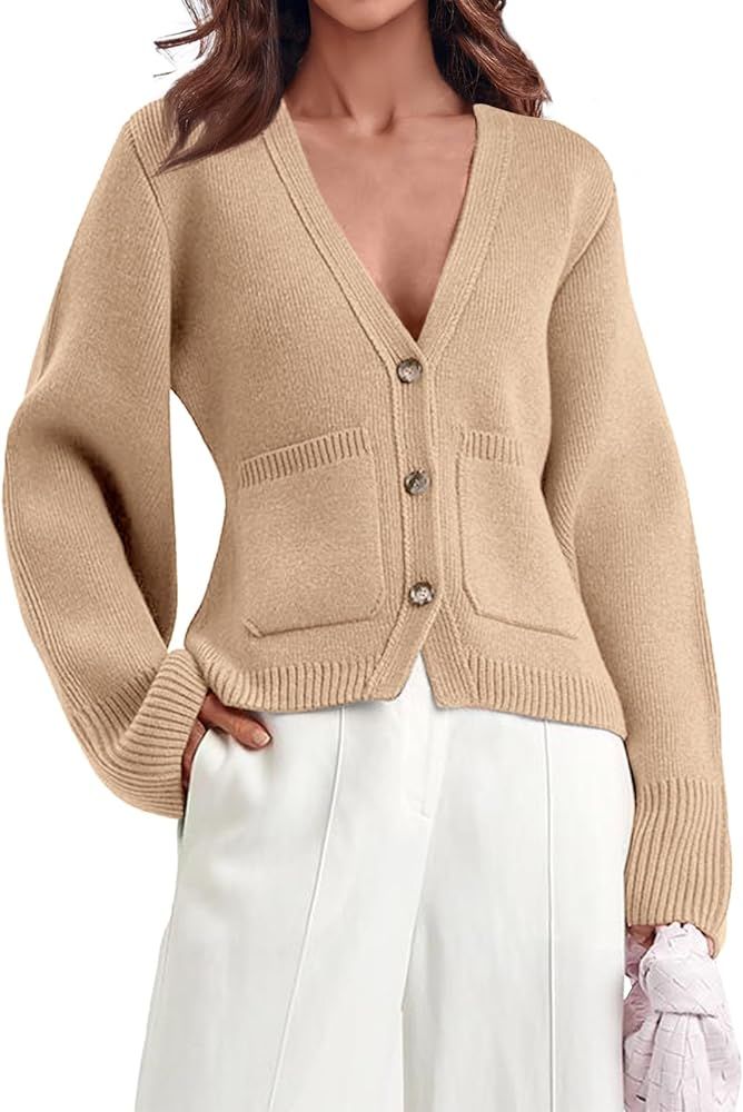Saodimallsu Womens Deep V Neck Cardigan Sweaters Open Front Button Down Long Sleeve Cropped Knit ... | Amazon (US)