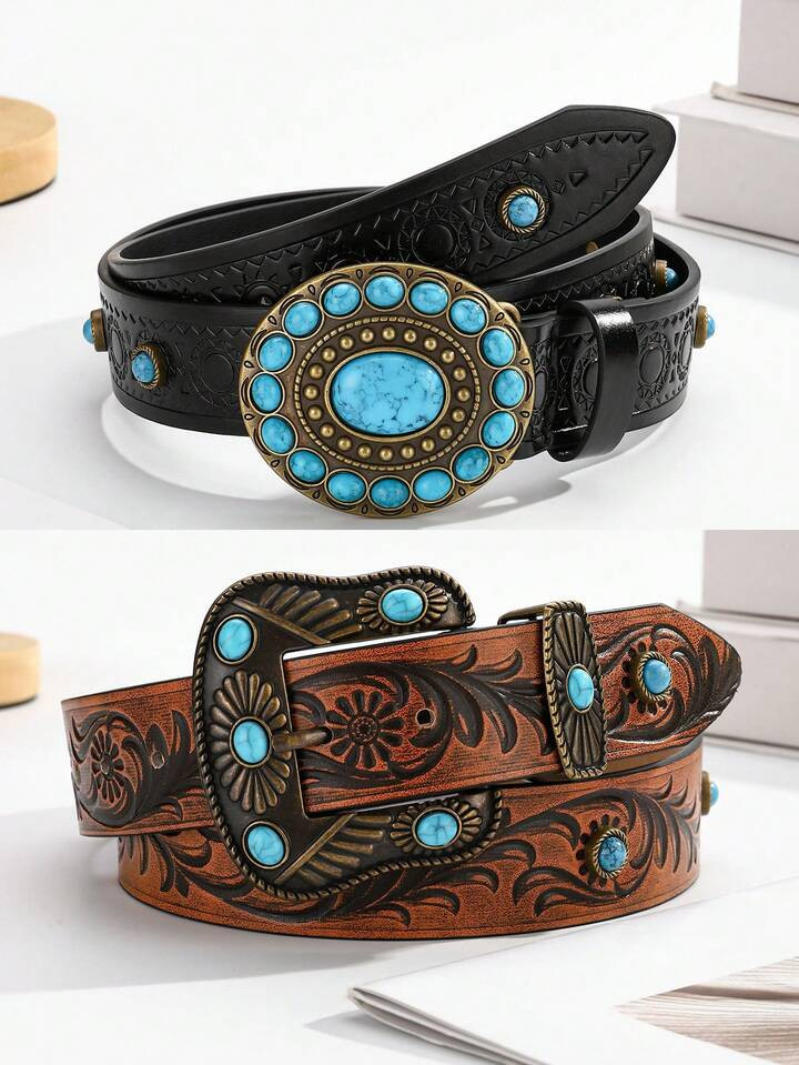 Punk Style Vintage Embossed Turquoise Buckle Decorative Belt | SHEIN