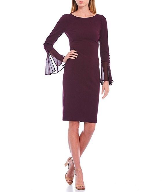 Chiffon Long Sheer Bell Sleeve Round Neck Sheath Dress | Dillard's