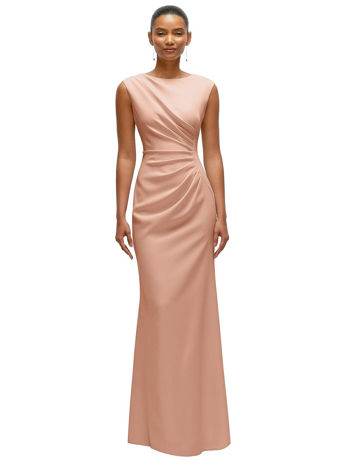 Sleeveless Cap Shoulder Crepe Maxi Dress with Trumpet Skirt in Pale Peach | Dessy Group