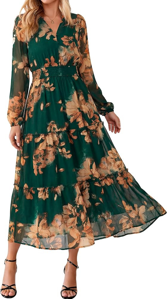 Simplee Womens Floral Boho Maxi Dress Long Sleeve Flowy Wedding Guest Dress     Chiffon, V Neck, ... | Amazon (US)