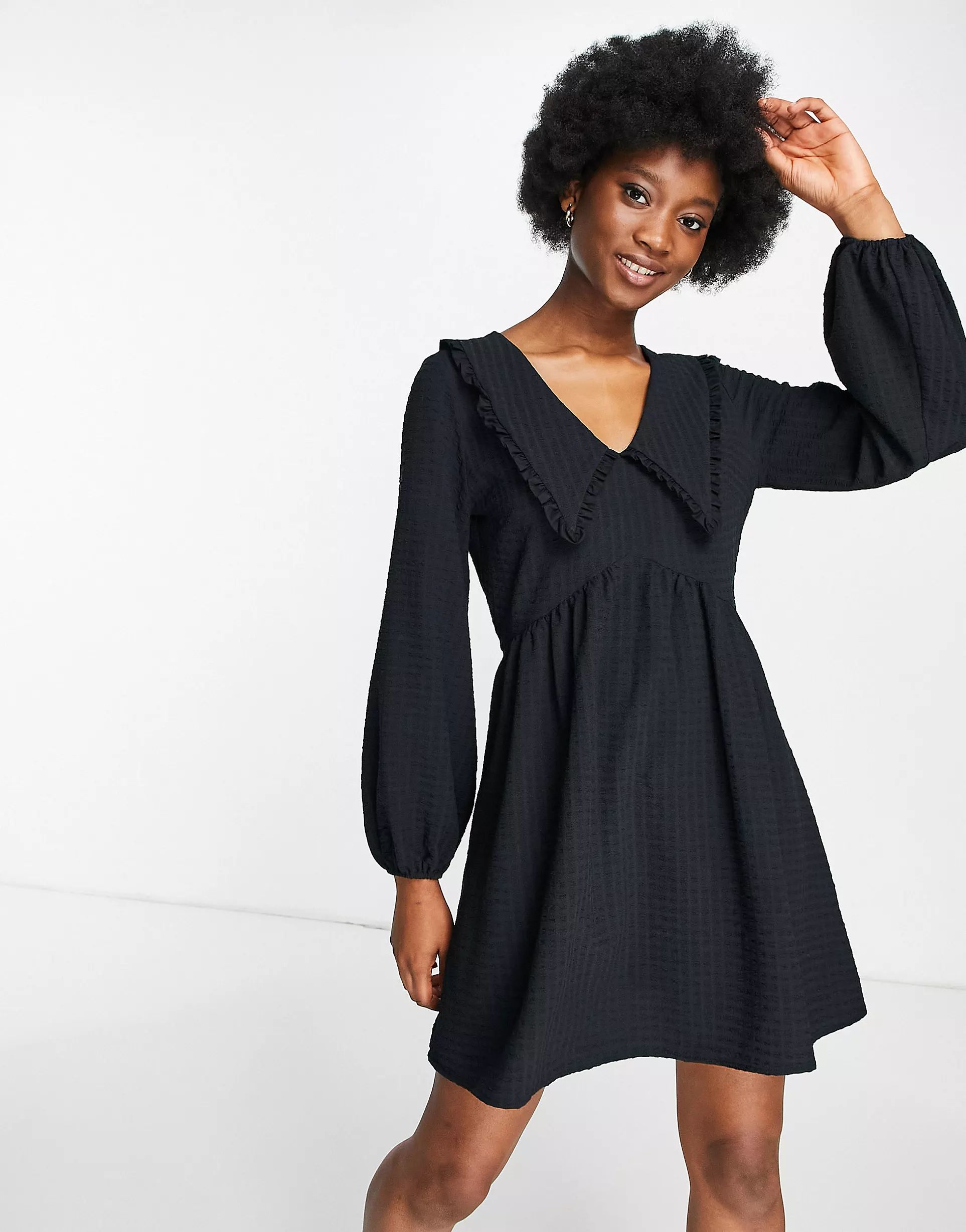 Miss Selfridge textured collar smock dress in black | ASOS (Global)
