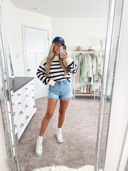 Casual pre fall outfit inspo 🫶🏼 
+ H&M striped sweater | size small 
+ Abercrombie shorts | curve love size 24
+ converse platforms | size down 1/2 size 

#LTKstyletip #LTKSeasonal #LTKunder50