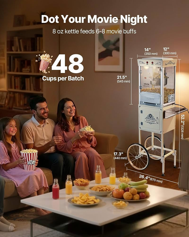 VEVOR Popcorn Machine with Cart, 8oz Stainless Steel Kettle, 800W Commercial Popcorn Maker, 48 Cu... | Amazon (US)