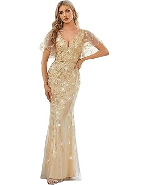 Ever-Pretty Women's Sequin Formal Dresses V-Neck Ruffles Sleeves Embroidery Mermaid Long Evening ... | Amazon (US)