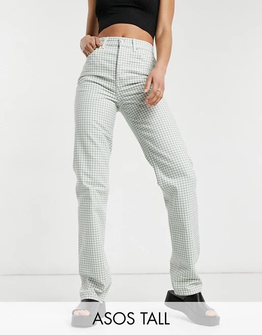 ASOS DESIGN Tall mid rise '90's' straight leg jeans in green gingham | ASOS (Global)