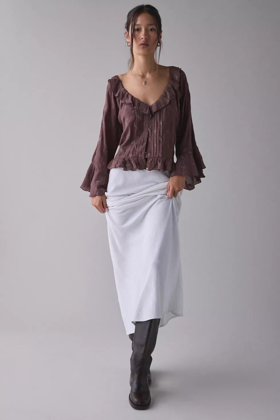 Kimchi Blue Joni Embroidered 3/4 Sleeve Ruffle Blouse | Urban Outfitters (US and RoW)