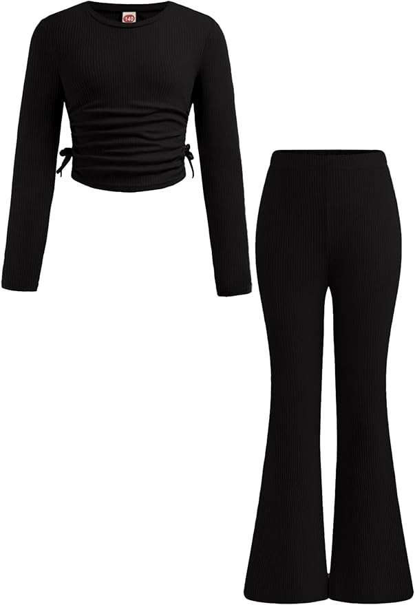 Yesfashion Girls' Clothing Sets Casual Crew Neck Long Sleeve Fitted Ruched Top and Flared Legging... | Amazon (US)