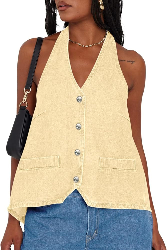 Tankaneo Womens Halter Denim Vest Tops Summer Open Back Y2K Going Out Tank Tops V Neck Button Dow... | Amazon (US)