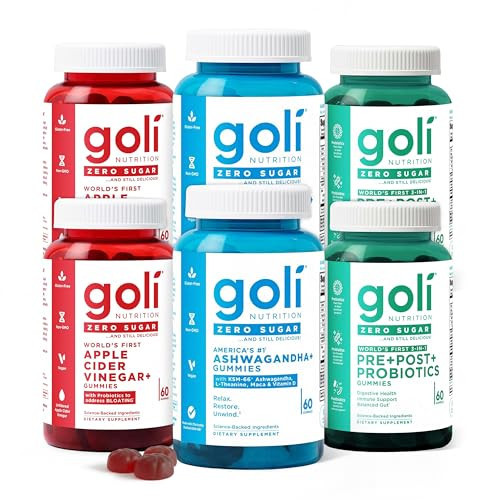 Goli Zero Sugar 6 Pack Bundle - World's First 3-in-1 Pre, Post, Probiotic, Apple Cider Vinegar with Vitamin B12 and Probiotics to Address Bloating, Ashwagandha & L-Theanine, Vitamin D Gummies | Amazon (US)