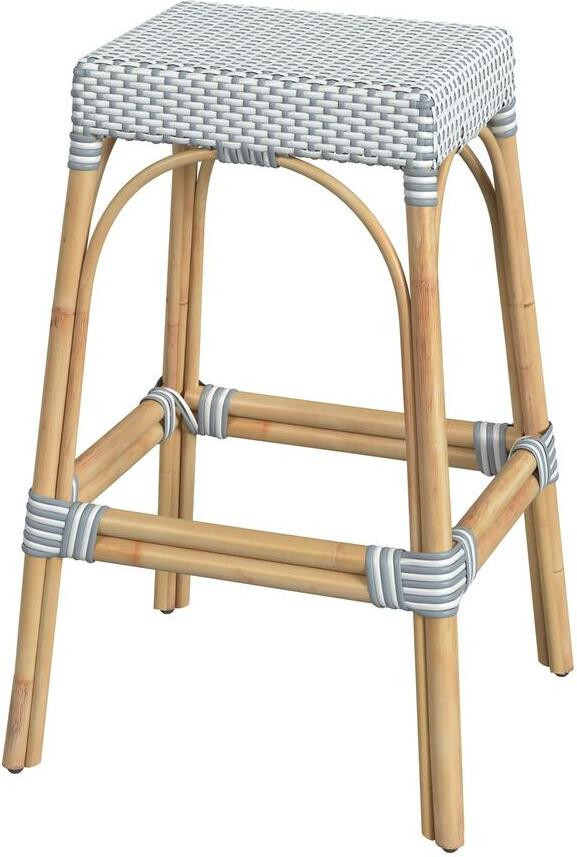 Robias Rectangular Rattan 30 Inch Bar Stool In White and Sky Blue Dot | 1stopbedrooms