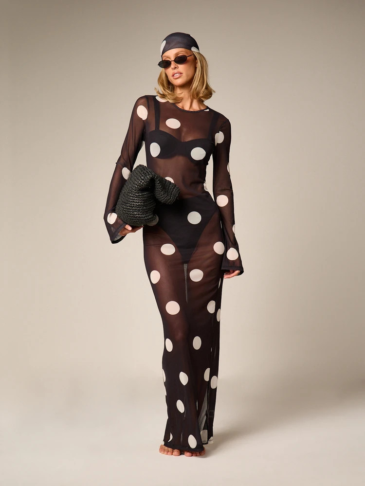 AiiRZ Sheer Polka Dot Mesh Maxi Dress Long Bell Sleeve Round Neck Floor Length Overlay Summer Bea... | SHEIN