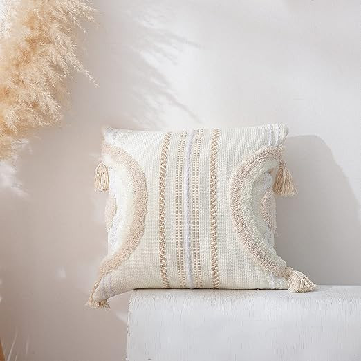 RinRinfam 1Pcs Boho Woven Tufted 18x 18 Pillow Cover, Cute Rainbow Accent Farmhouse Neutral Linen... | Amazon (US)
