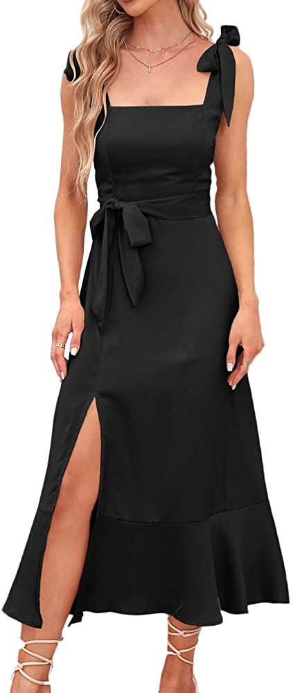 Women's Square Neck Spaghetti Straps Ruffle Split Midi Formal Dress Elegant Wedding Guest Cocktai... | Amazon (US)